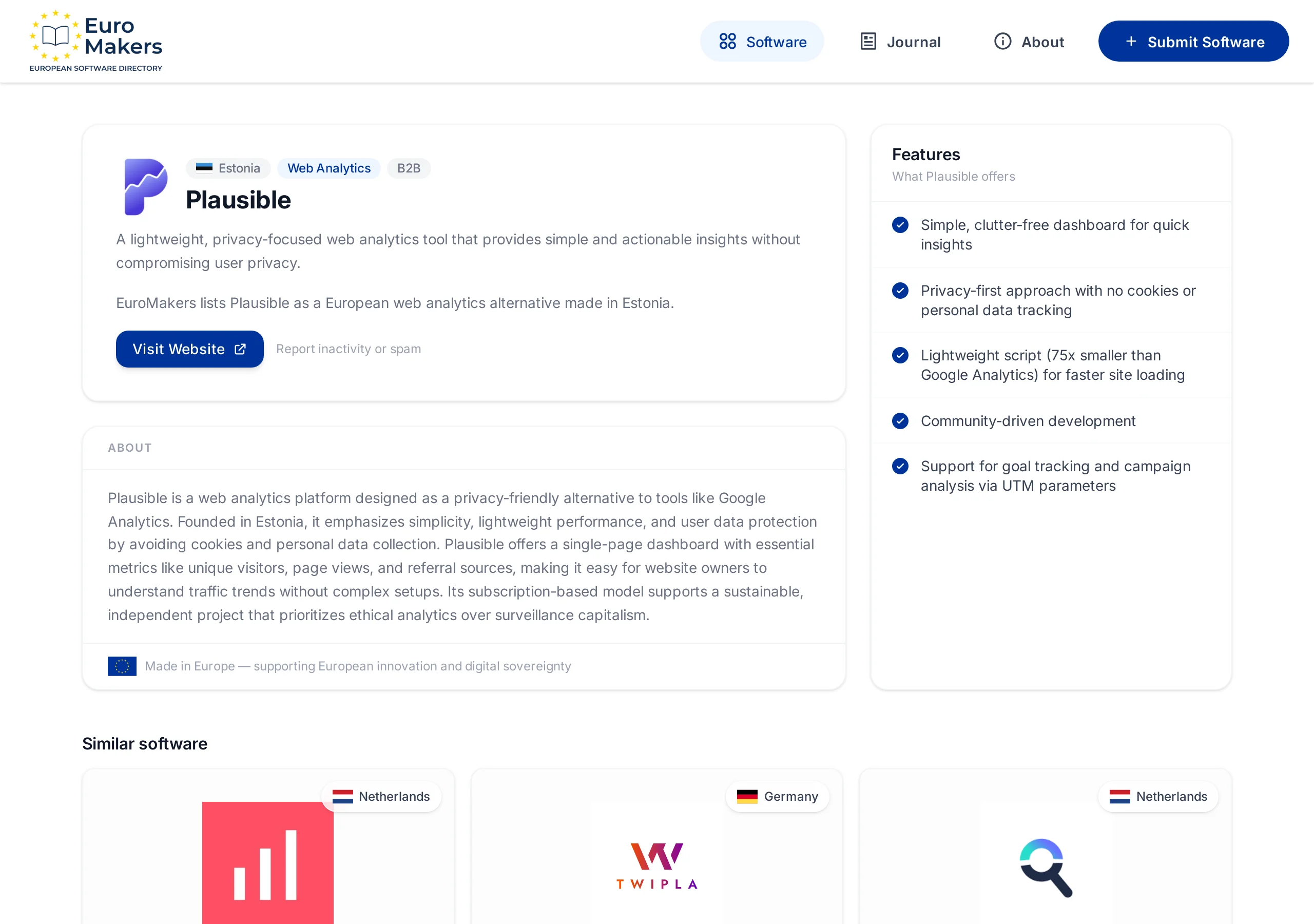 Screenshot of the Plausible listing page showing the company description, features, and country of origin in Estonia