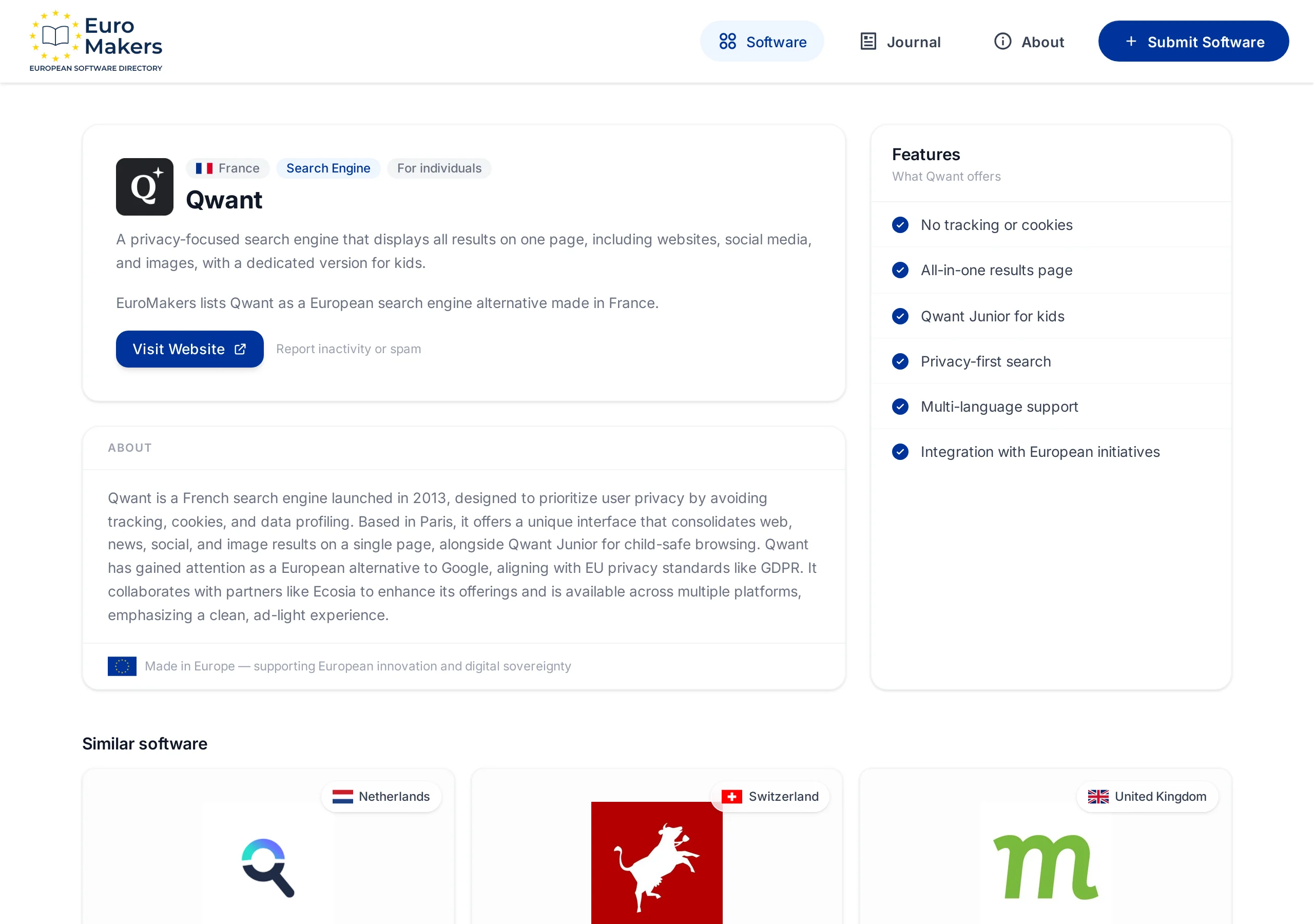 Screenshot of the Qwant listing page showing features, country of origin in France, and directory details