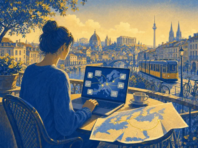 A person discovering European software on a laptop beside a map of connected European cities