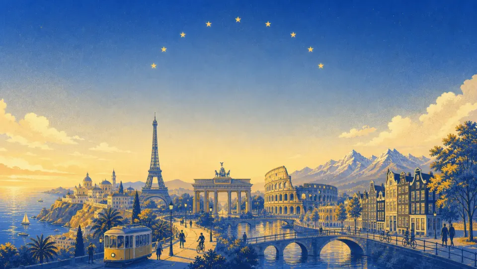 Illustrated European panorama with landmarks, a Mediterranean coast, and Alpine peaks